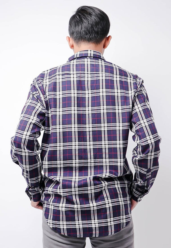 Nade  NTB25 Kemeja Flanel Pria Lengan Panjang Tartan Navy Putih Merah