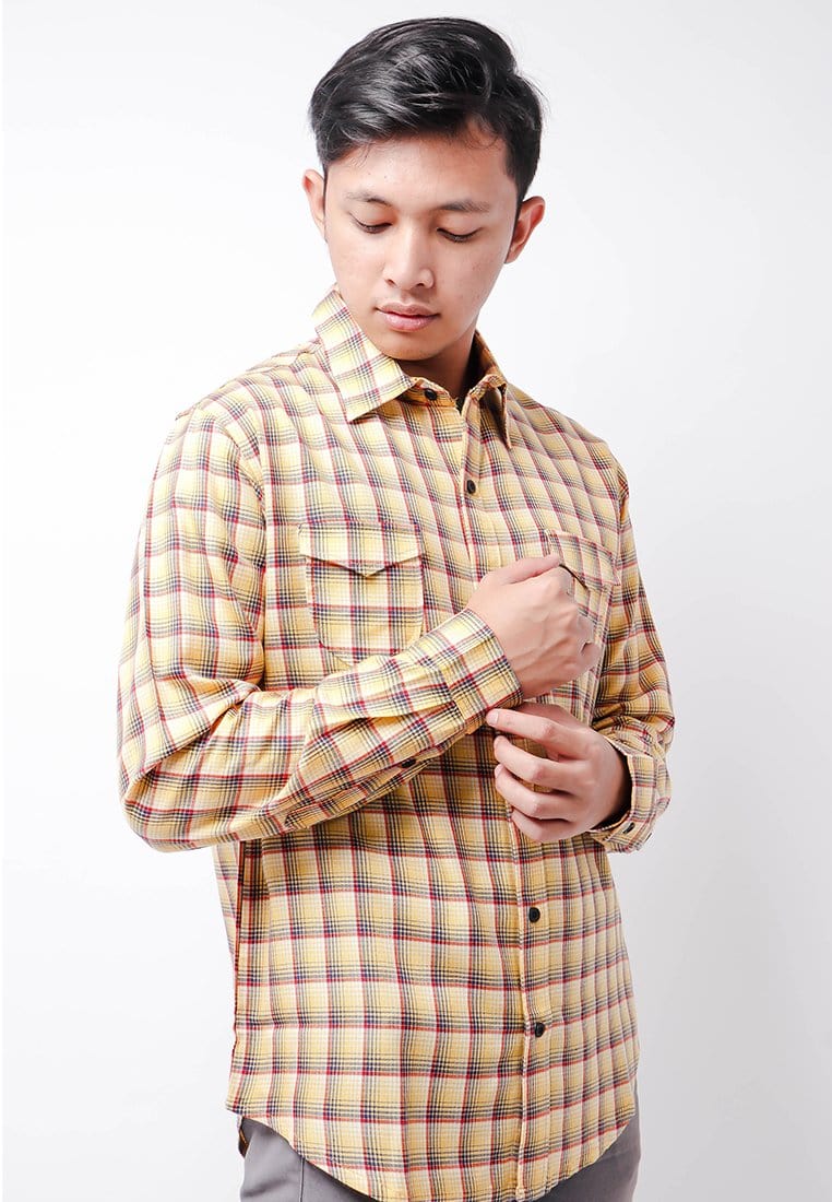 Nade  NTB30 Kemeja Flanel Pria Lengan Panjang Tartan Kuning Coklat