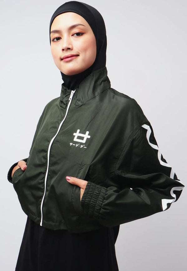 Third Day LO025 Jaket Sporty Parka Crop Wanita Parasit Zigzag Green Army Putih