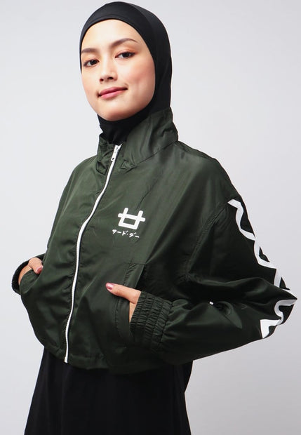 Third Day LO025 Jaket Sporty Parka Crop Wanita Parasit Zigzag Green Army Putih