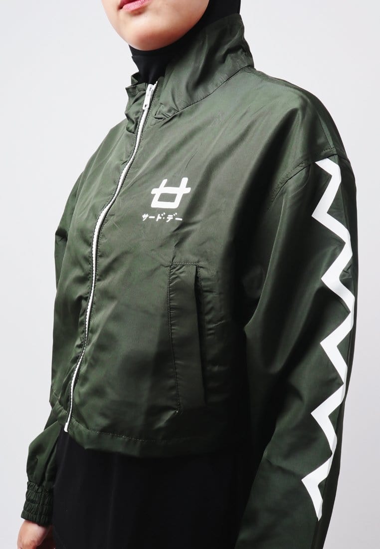 Third Day LO025 Jaket Sporty Parka Crop Wanita Parasit Zigzag Green Army Putih