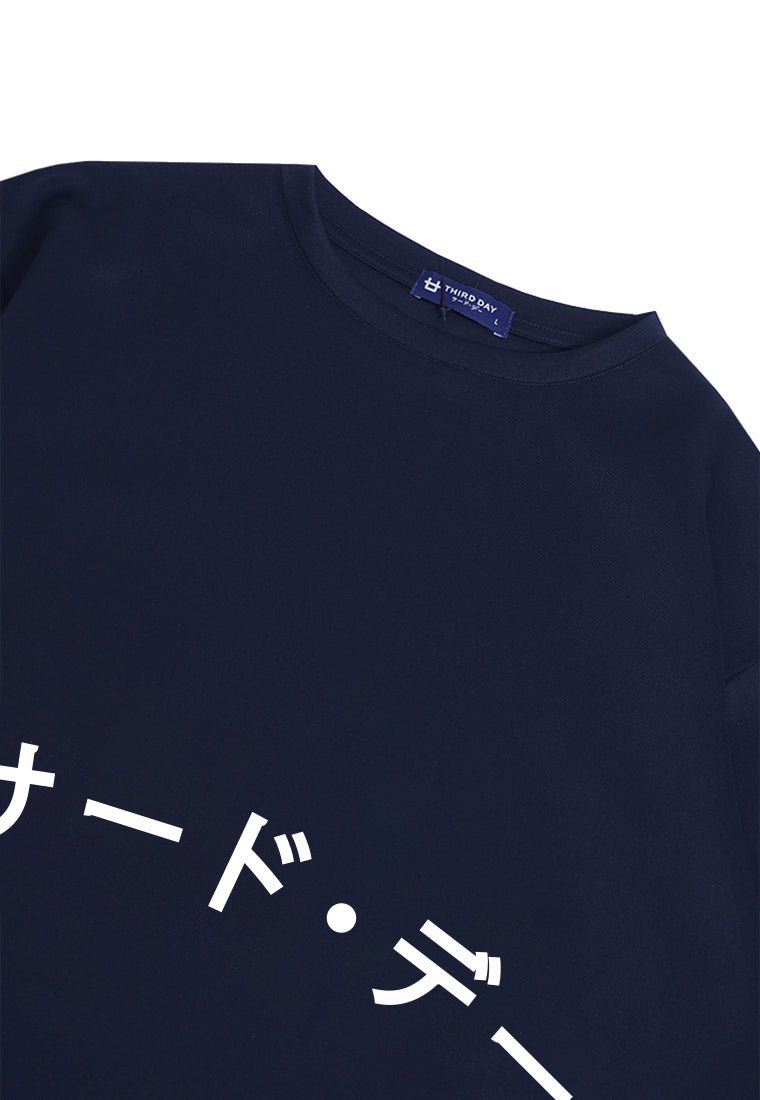 MTN73 kaos oversize tulisan jepang Third Day arc katakana outline navy