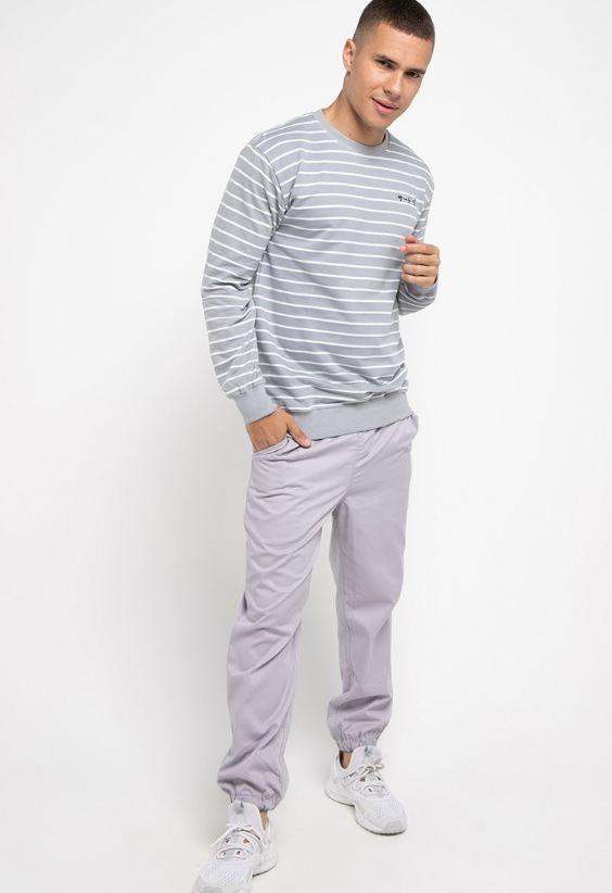 Third Day MO185 sweater casual pria dakir katakana stripe putih abu