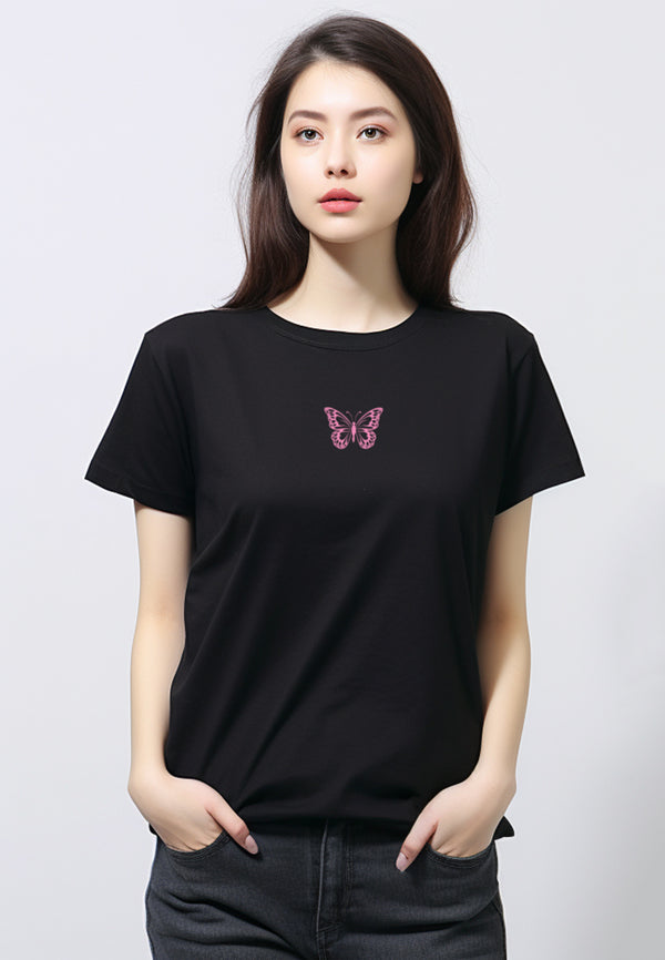 LTF26 kaos t shirt wanita casual slim fit "pink butterfly" hitam