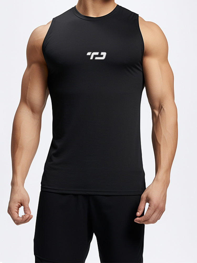 MSA04 kaos running lari pria kutung sleeveless tanktop 4way stretch nanoamid small td logo hitam