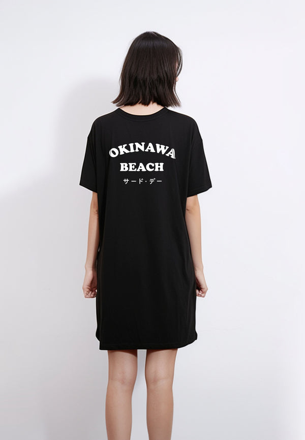 LTE96 long dress kaos t shirt kasual stretch "okinawa beach" hitam