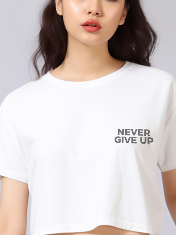 LTF18 kaos oversize crop top wanita OLC "never give up" putih