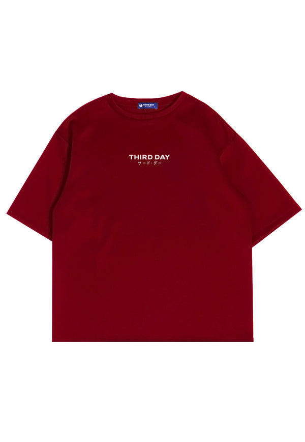 MTQ35 oversized t shirt pria bahan scuba tebal gambar tulisan "third day katakana dateng" merah red maroon