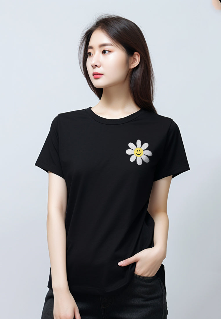 LTF27 kaos t shirt wanita ladies perempuan casual slim fit "smiley daisy" hitam