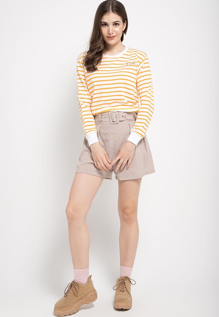 LO011 Thirdday sweater casual wanita dakir katakana stripe putih kuning