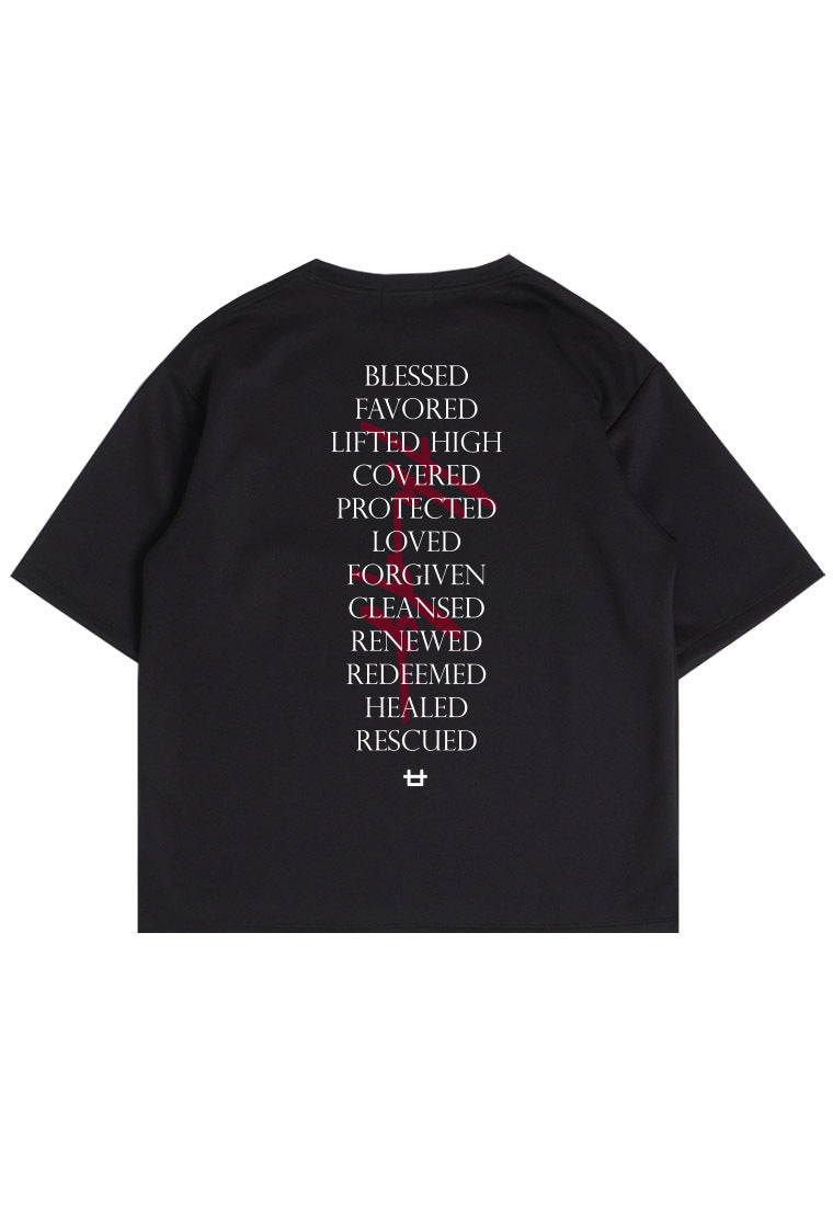 MTP56 kaos rohani oversize bahan tebal scuba "blessed favored lifted high" hitam