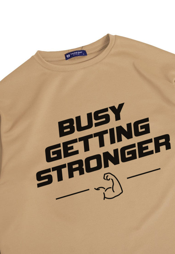 MTQ18 kaos oversize gym pria distro bahan tebal scuba "busy getting stronger" khaki