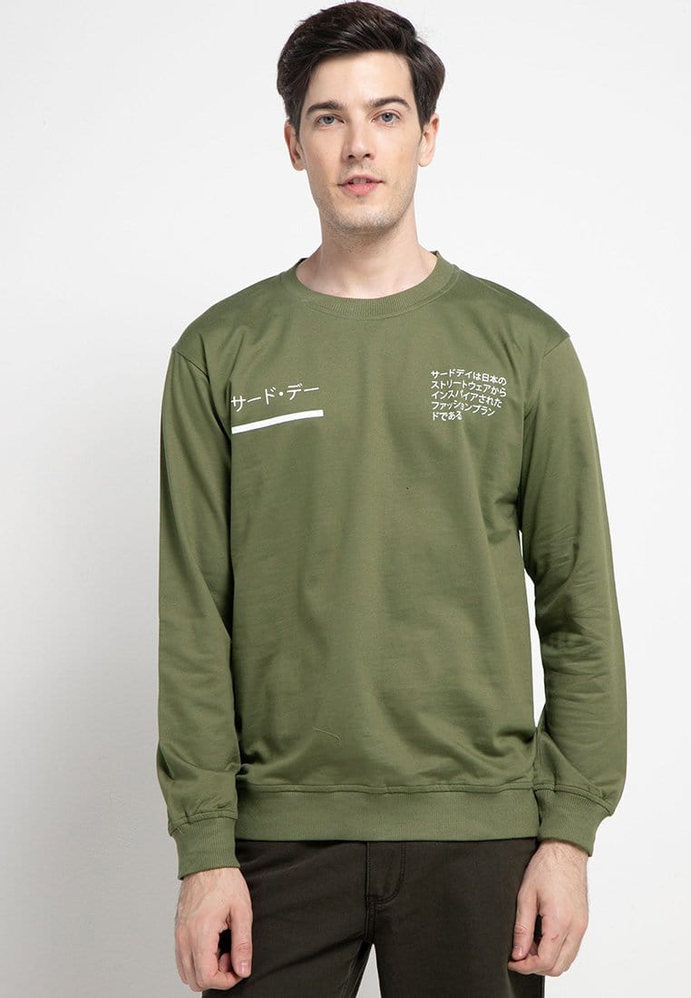 Third Day MO197 sweater casual pria katakana x paragraph hijau army