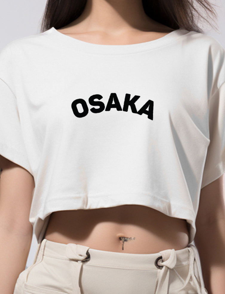 LTE89 kaos crop top oversize OLC wanita tulisan simpel "osaka" putih