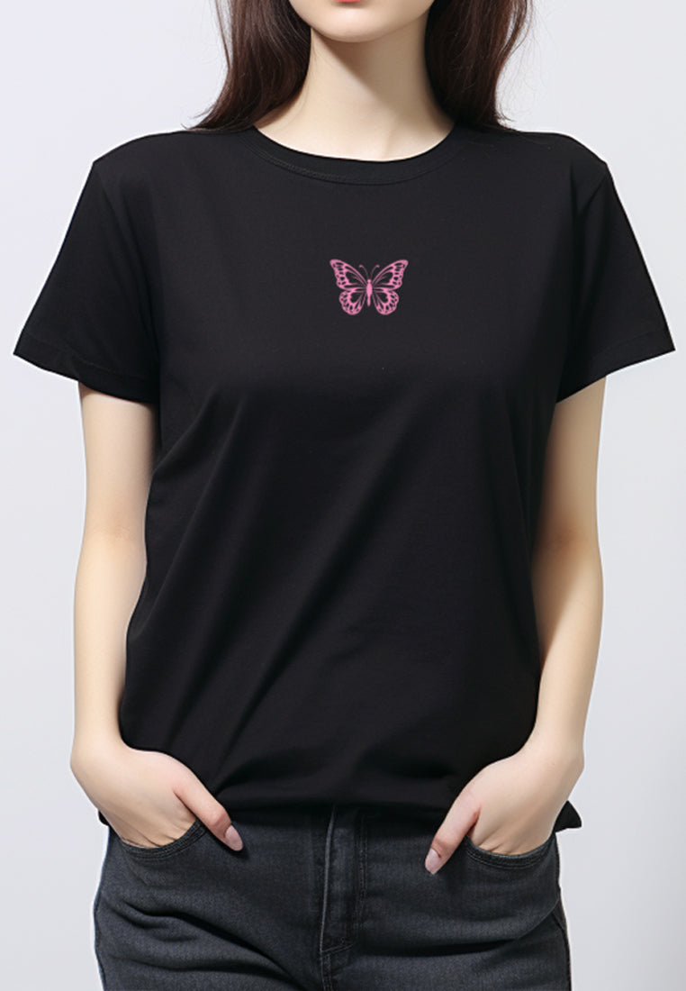 LTF26 kaos t shirt wanita casual slim fit "pink butterfly" hitam