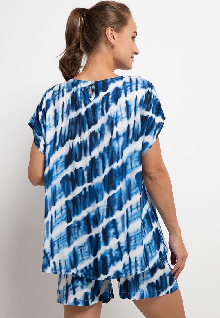 Nade Japan FT055 AMS Baju Tidur Tie Dye Slanted Wanita Set Baju Celana Tidur Biru