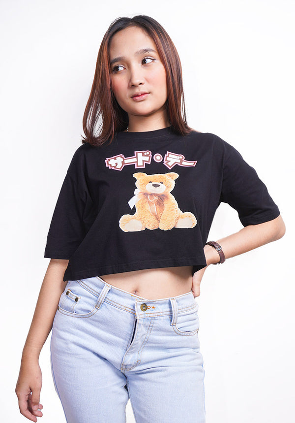 TDLA LTE55 crop oversize OLC wanita hitam beruang pink lucu jepang