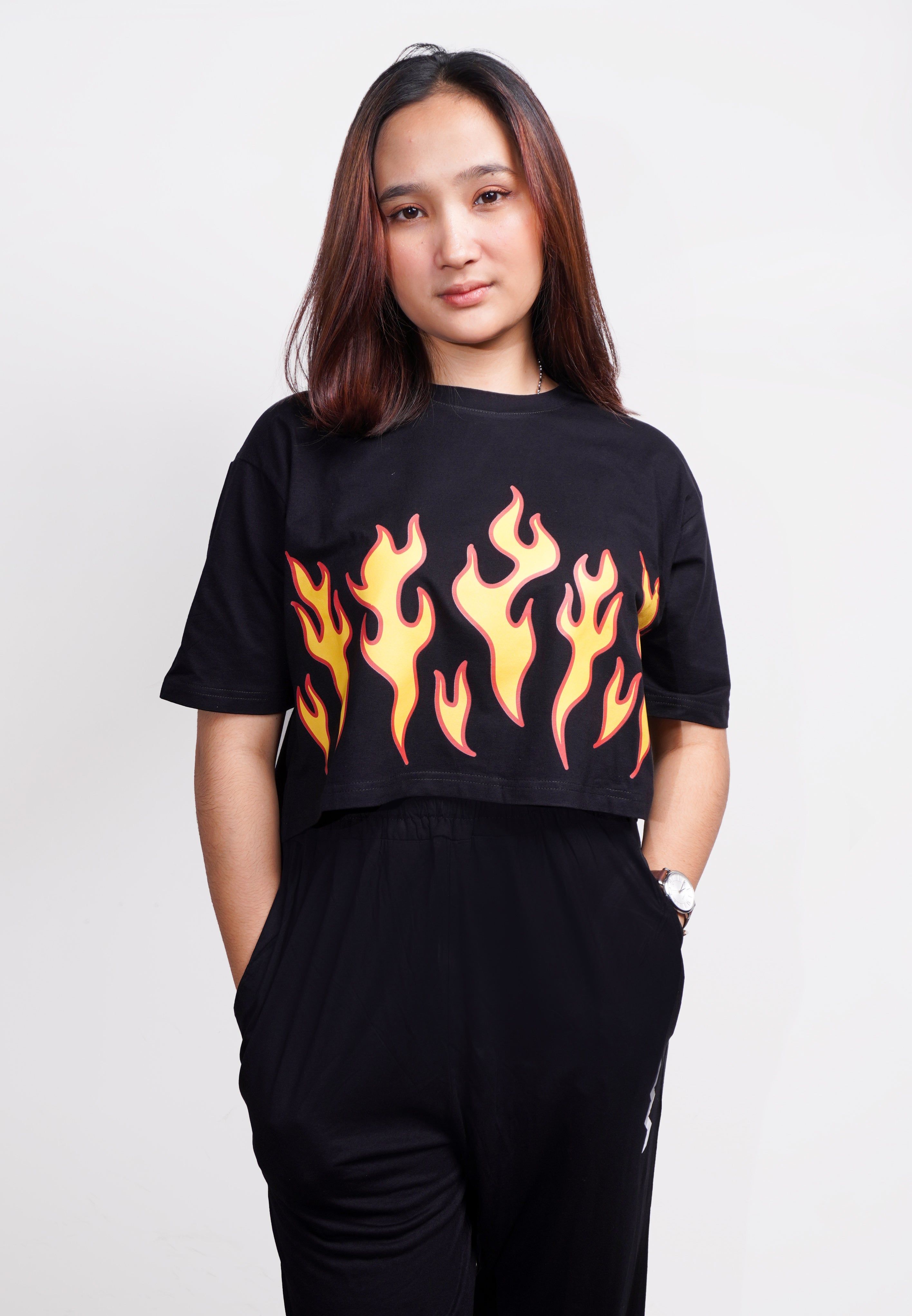 TDLA LTE51 crop top OLC kaos oversize wanita yellow fire hitam