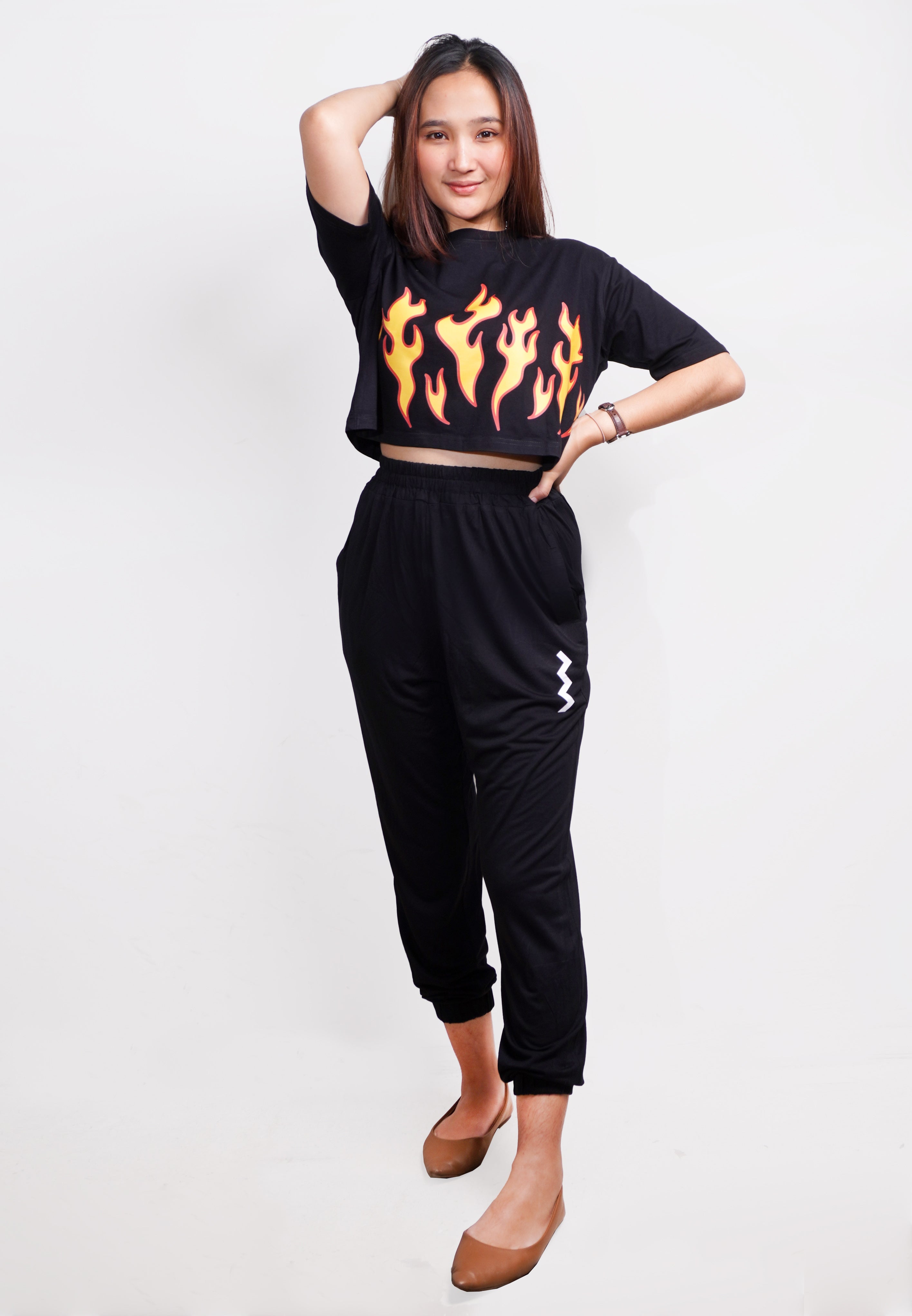 TDLA LTE51 crop top OLC kaos oversize wanita yellow fire hitam