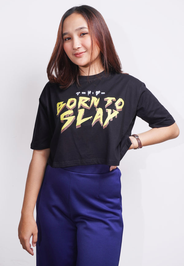 TDLA LTE52 oversize crop top OLC wanita tulisan jepang born to slay hitam