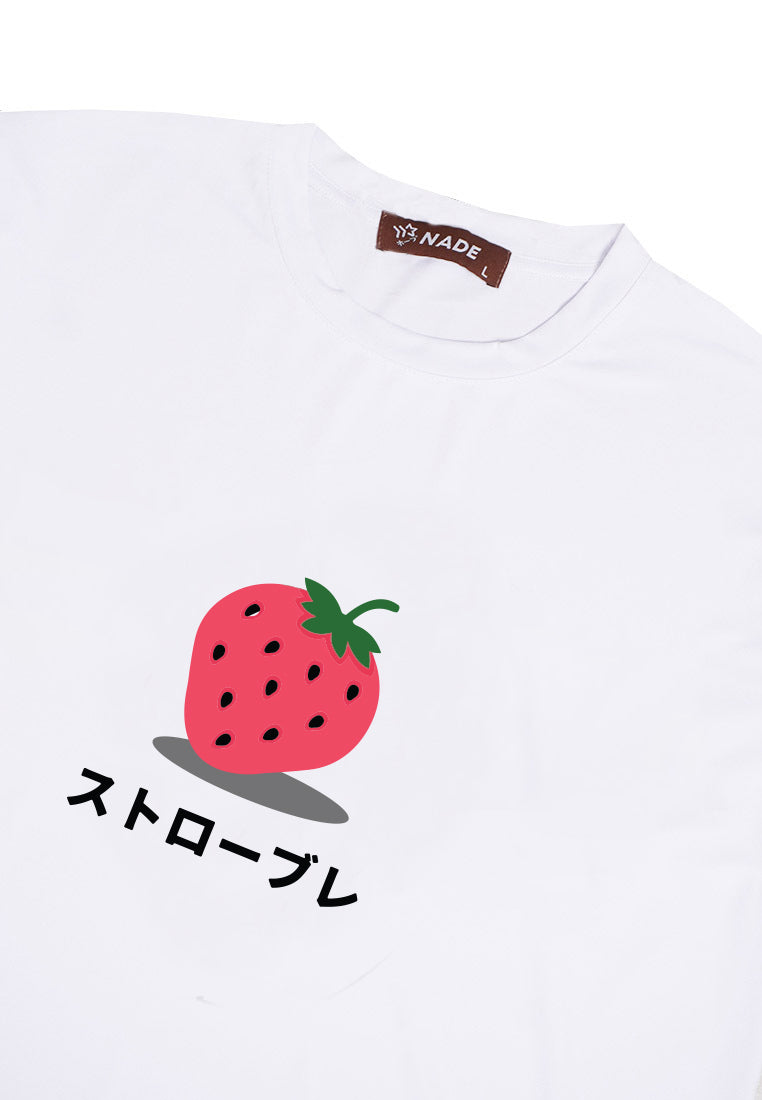 Nade NTC39 kaos anti kusut stretch tulisan jepang anime strawberry putih