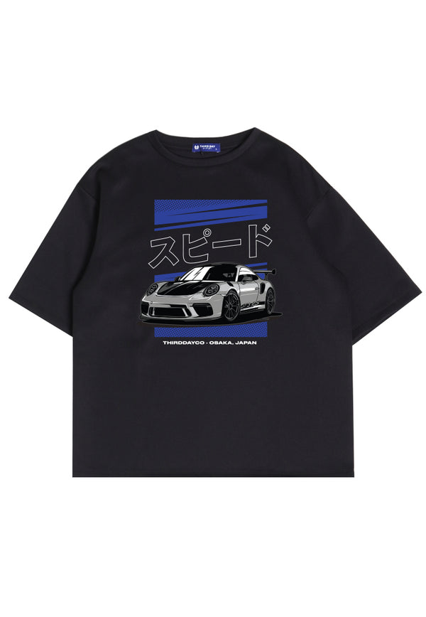 MTN35 kaos oversize scuba tebal mobil balap biru speed hitam