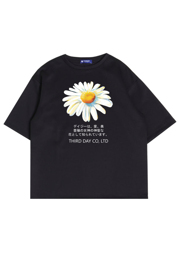 MTN48 kaos oversize abstrak flower tulisan jepang scuba tebal daisy hitam