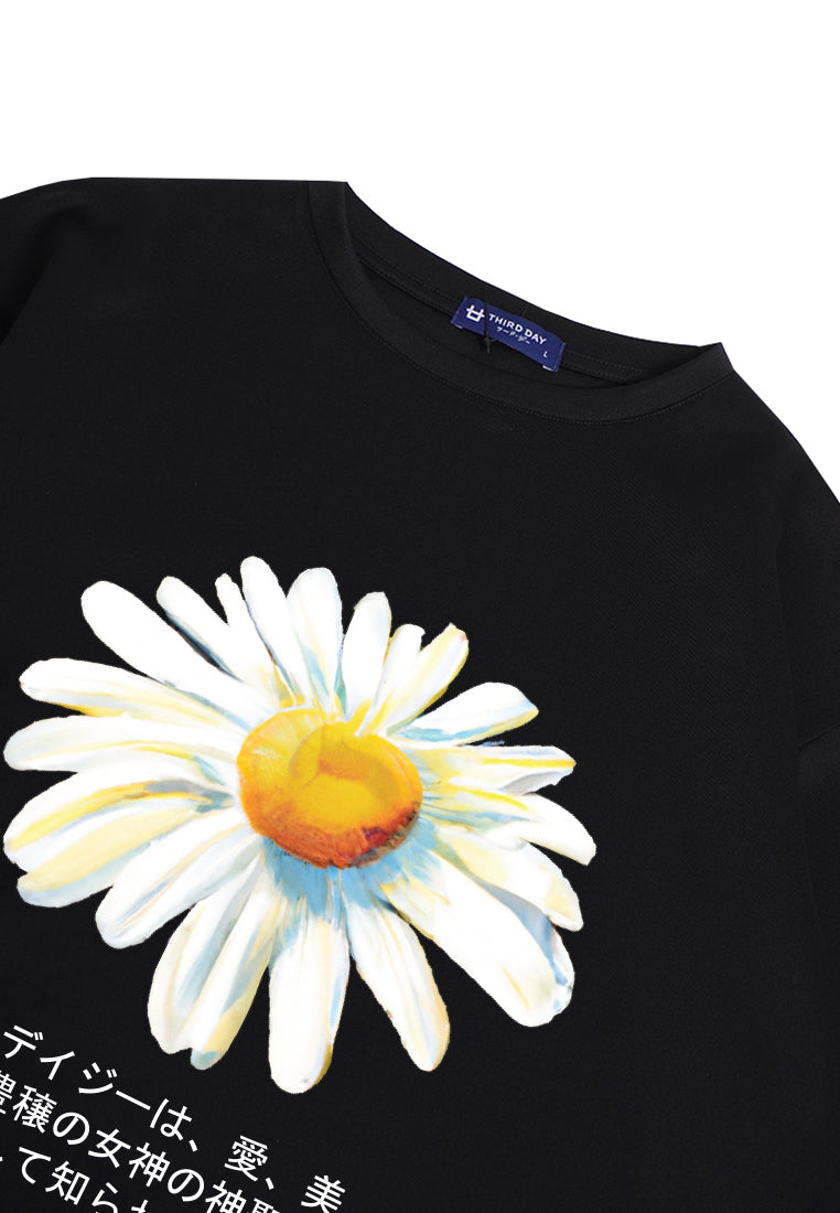 MTN48 kaos oversize abstrak flower tulisan jepang scuba tebal daisy hitam