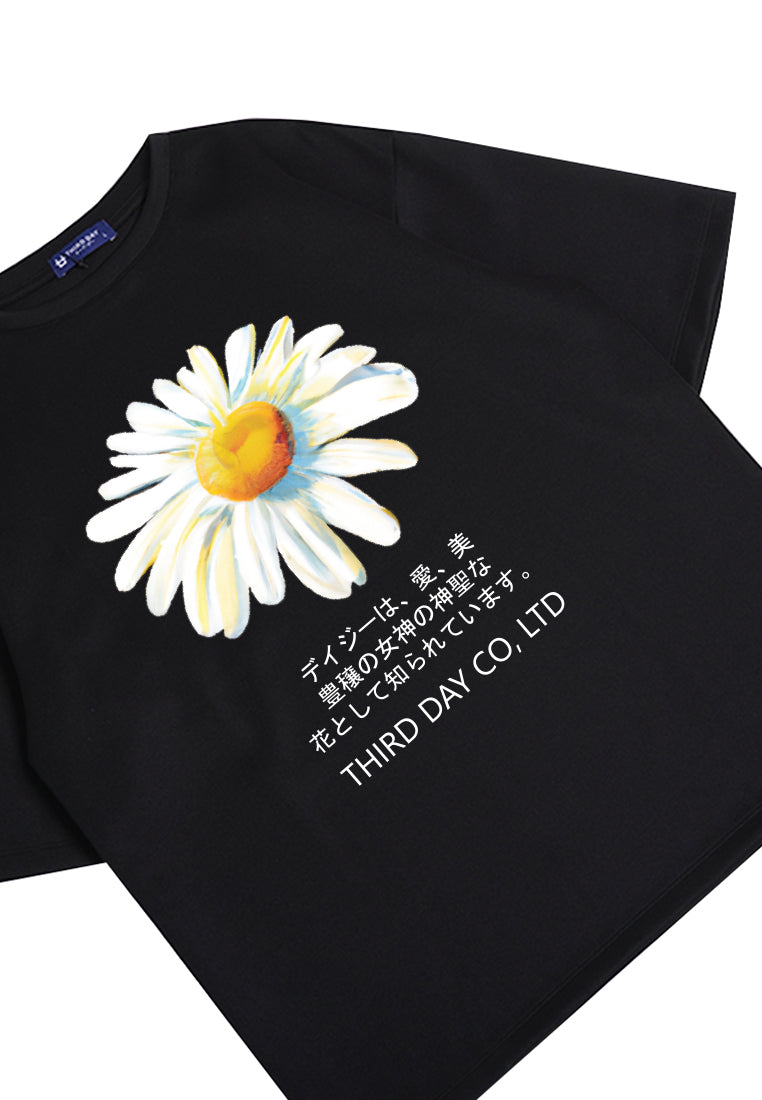 MTN48 kaos oversize abstrak flower tulisan jepang scuba tebal daisy hitam