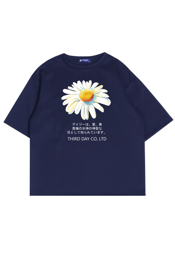 MTN49 kaos oversize abstrak flower tulisan jepang scuba tebal daisy navy