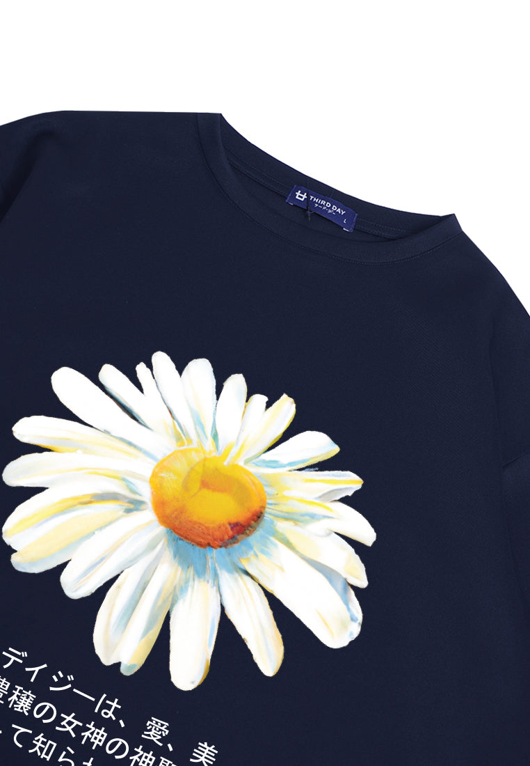 MTN49 kaos oversize abstrak flower tulisan jepang scuba tebal daisy navy