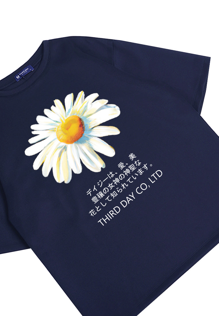 MTN49 kaos oversize abstrak flower tulisan jepang scuba tebal daisy navy