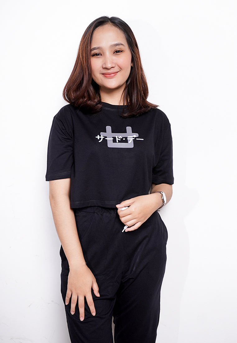 LTE67 olc crop top oversize hitam logo back katakana front hitam