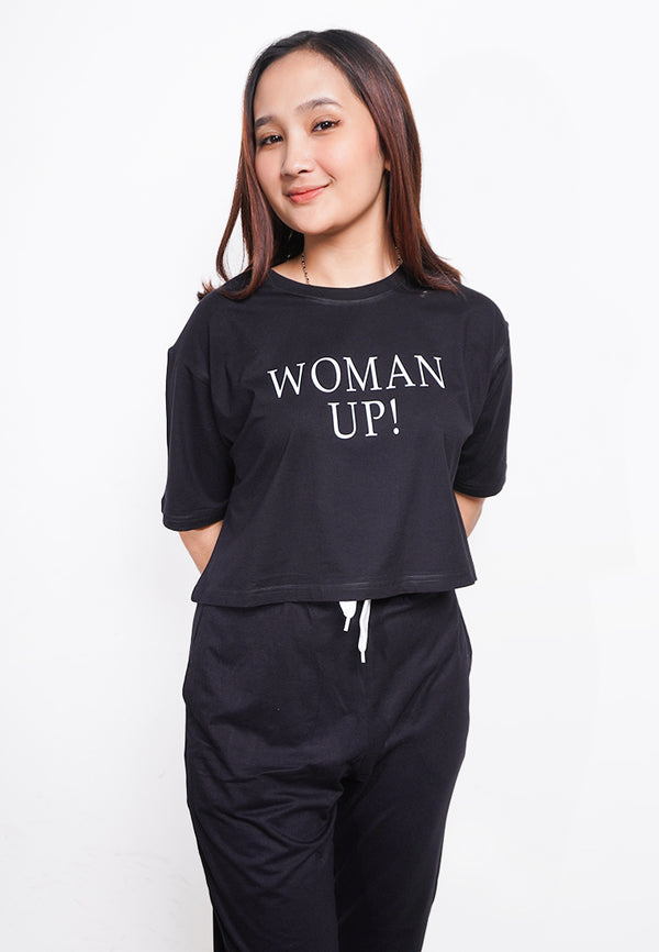 LTE77 crop oversize tulisan OLC woman up hitam