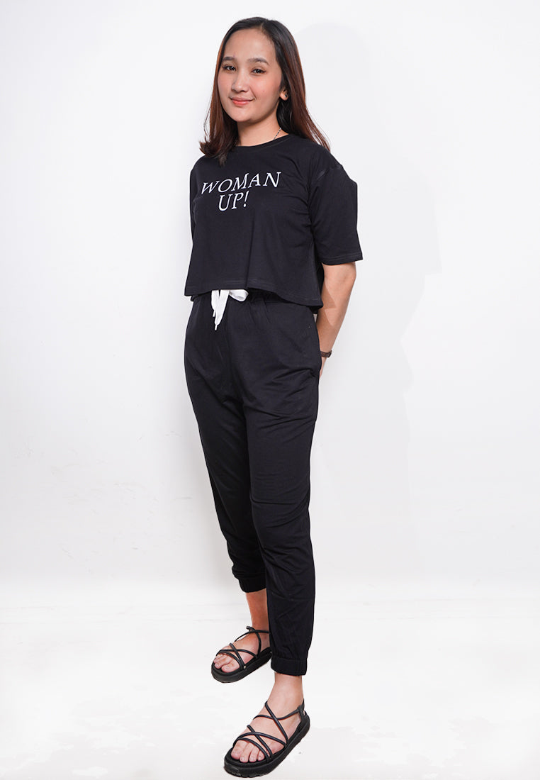 LTE77 crop oversize tulisan OLC woman up hitam