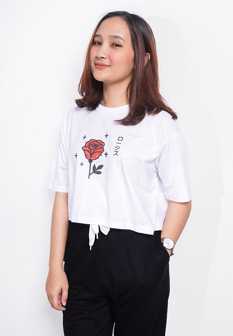 LTE75 crop top oversize bunga rose mawar tulisan jepang OLC putih