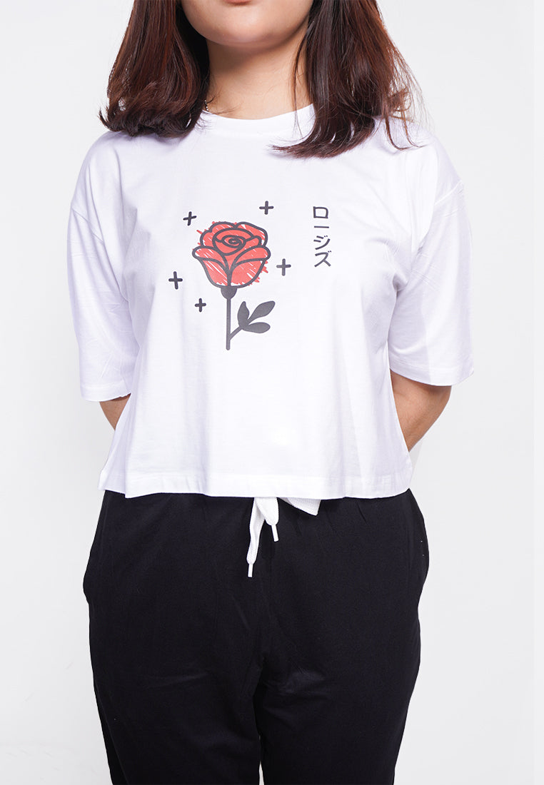 LTE75 crop top oversize bunga rose mawar tulisan jepang OLC putih