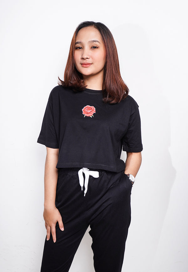 LTE73 oversize crop top bunga OLC merah dateng rose hitam