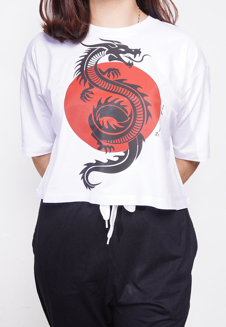 LTE61 kaos oversize wanita naga dragon merah putih