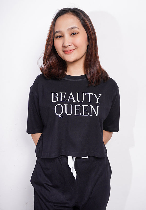 LTE70 kaos oversize OLC crop top BEAUTY QUEEN hitam