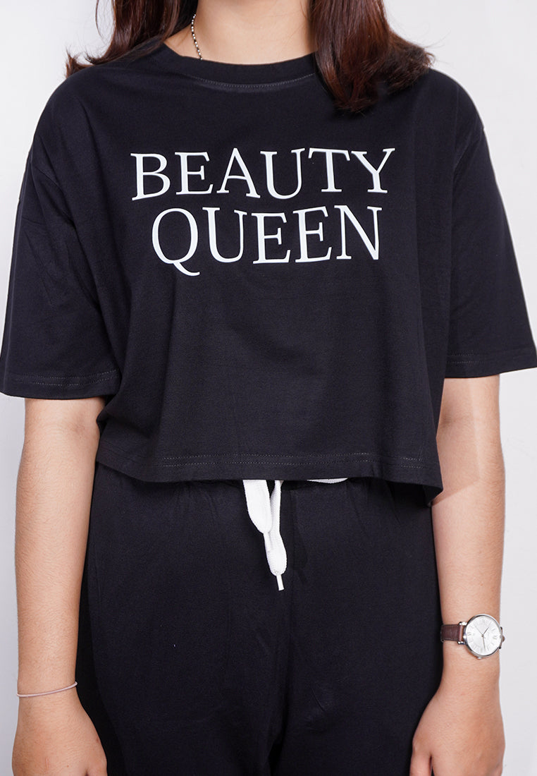 LTE70 kaos oversize OLC crop top BEAUTY QUEEN hitam