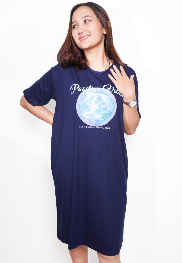 LTE81 ld kaos oversize dress wanita positive vibes earth navy