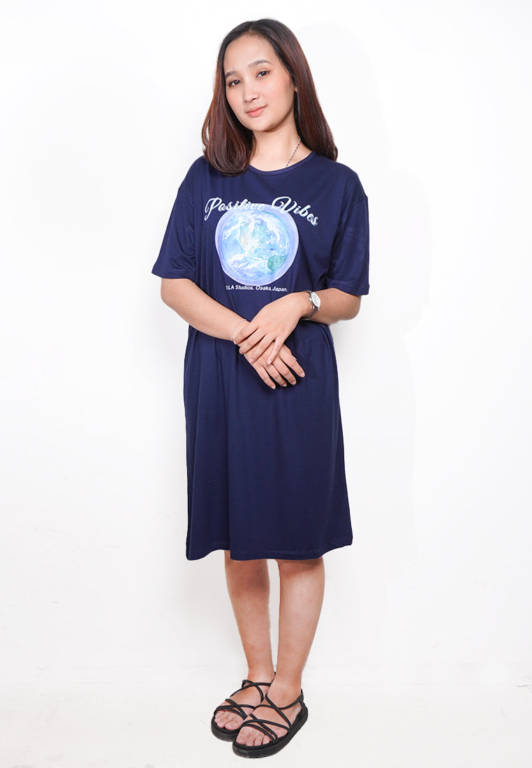 LTE81 ld kaos oversize dress wanita positive vibes earth navy