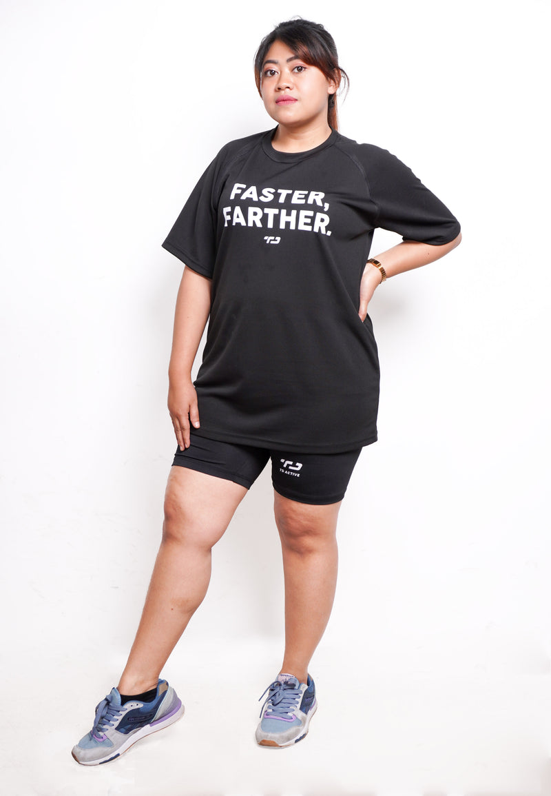 LSB12 kaos olahraga tangan pendek unisex lari running FASTER FARTHER hitam