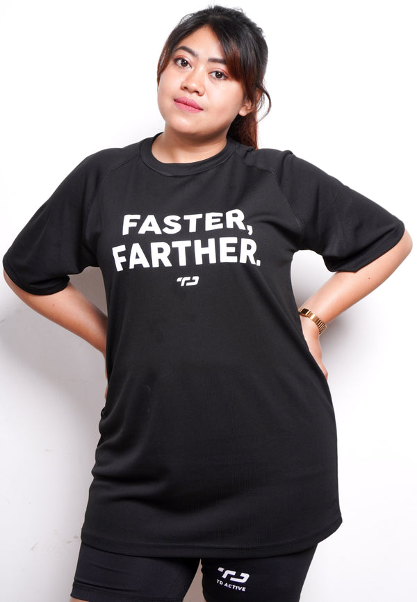 LSB12 kaos olahraga tangan pendek unisex lari running FASTER FARTHER hitam