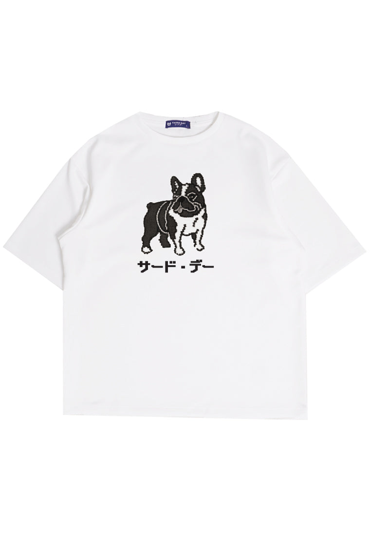 MTO60 kaos oversize gambar anjing dog bulldog french terry bulldog knitted pixel knit bahan scuba tebal putih