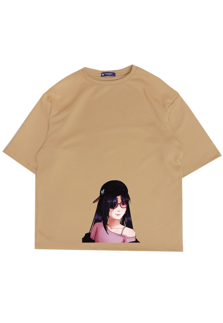 MTO68 kaos oversize gambar wanita wajah anime kartun manga bahan scuba tebal distro pria khaki