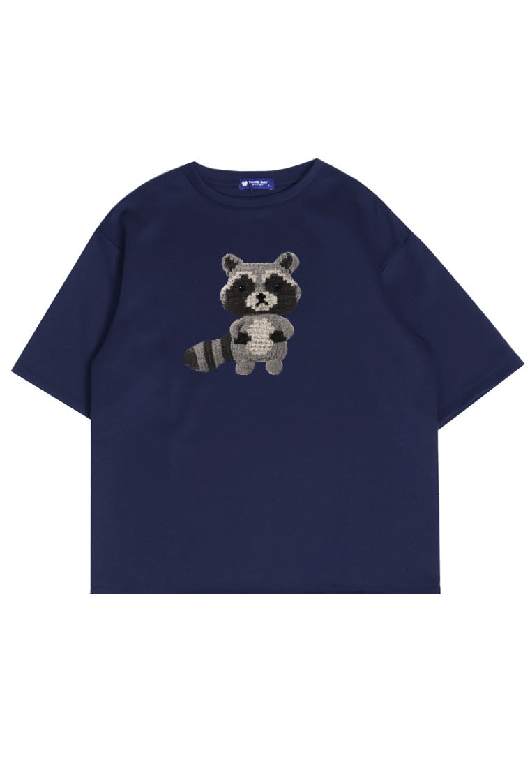 MTO84 kaos oversize gambar kucing racoon efek knitted rajut scuba bahan tebal distro pria navy