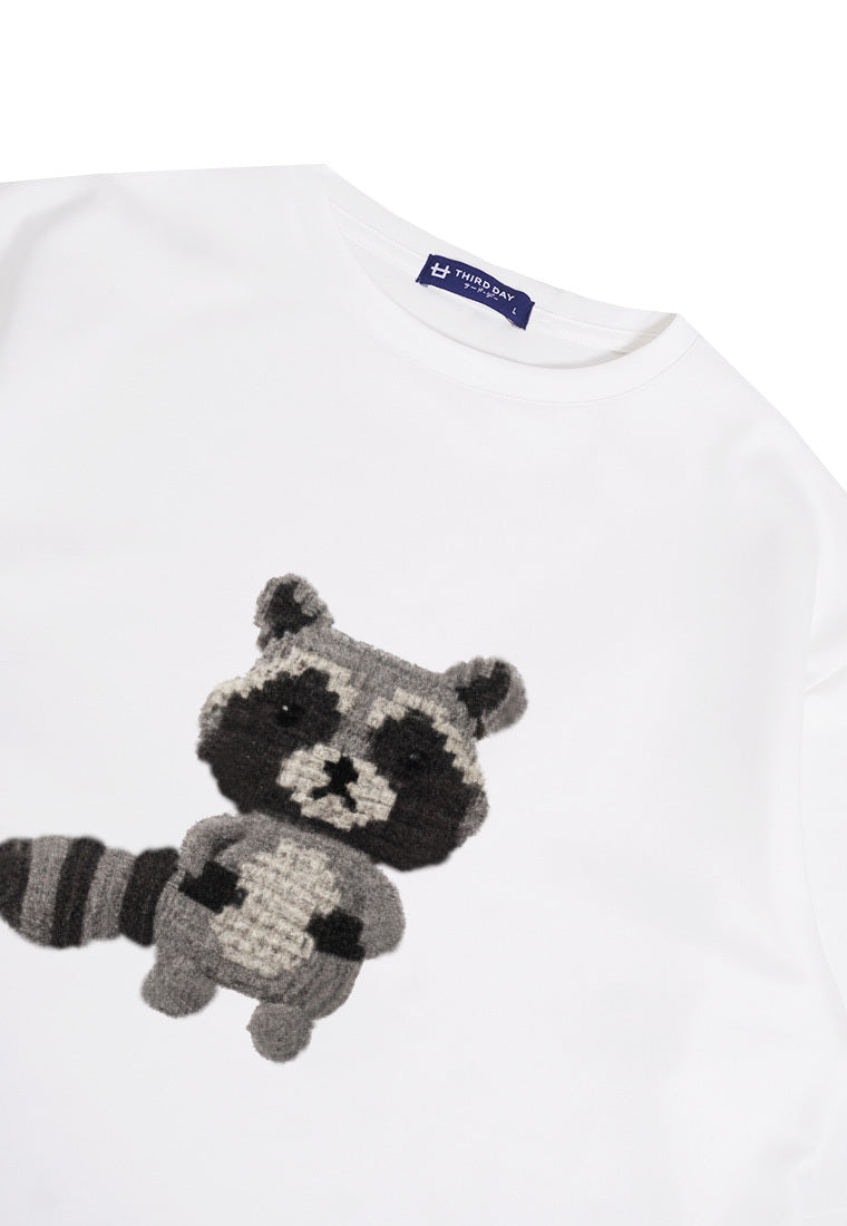 MTO85 kaos oversize gambar kucing racoon efek knitted rajut scuba bahan tebal distro pria putih