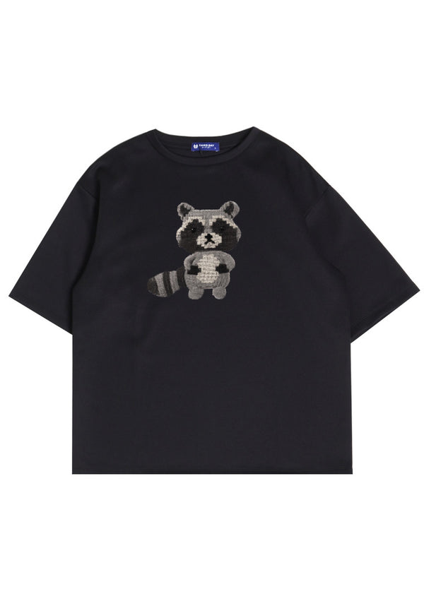 MTO86 kaos oversize gambar kucing racoon efek knitted rajut scuba bahan tebal distro pria hitam